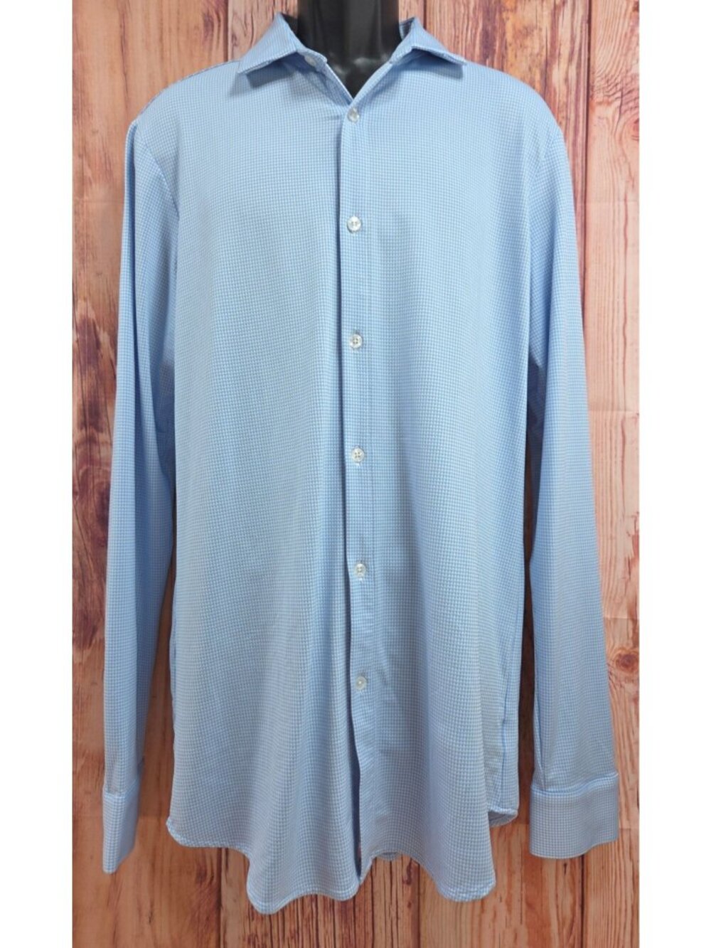 Mizzen+Main Mens Trim Fit Dress Shirt Large Tall Blue Check Button Down Stretch